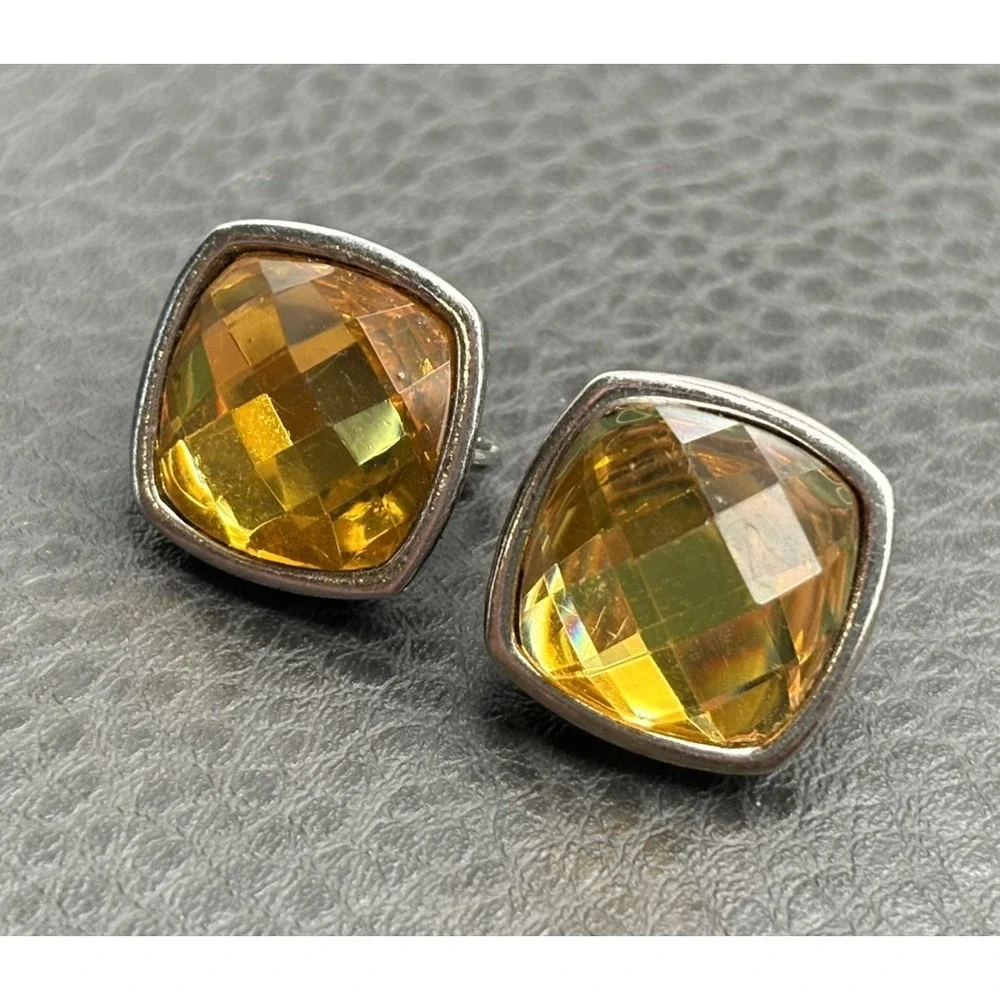 VTG Yellow Faceted Square Resin Cabochon Silver Tone Clip On Earrings Glam